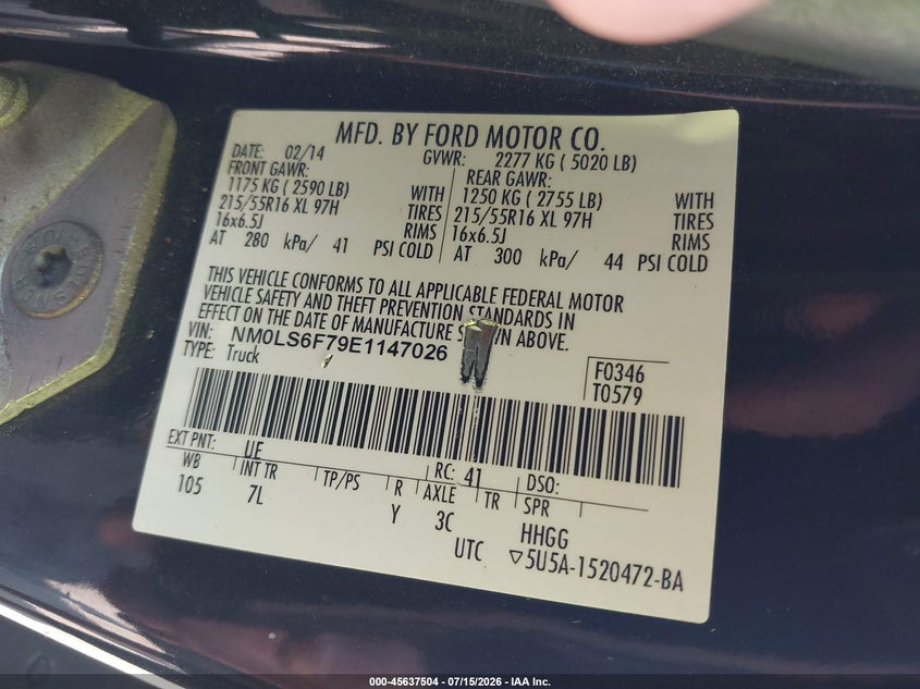 2014 Ford Transit connect VIN NM0LS6F79E1147026 IAAI salvage auction — NORMAL WEAR, Clear (Illinois), sold $575 on 2026-07-29 (photo 9)