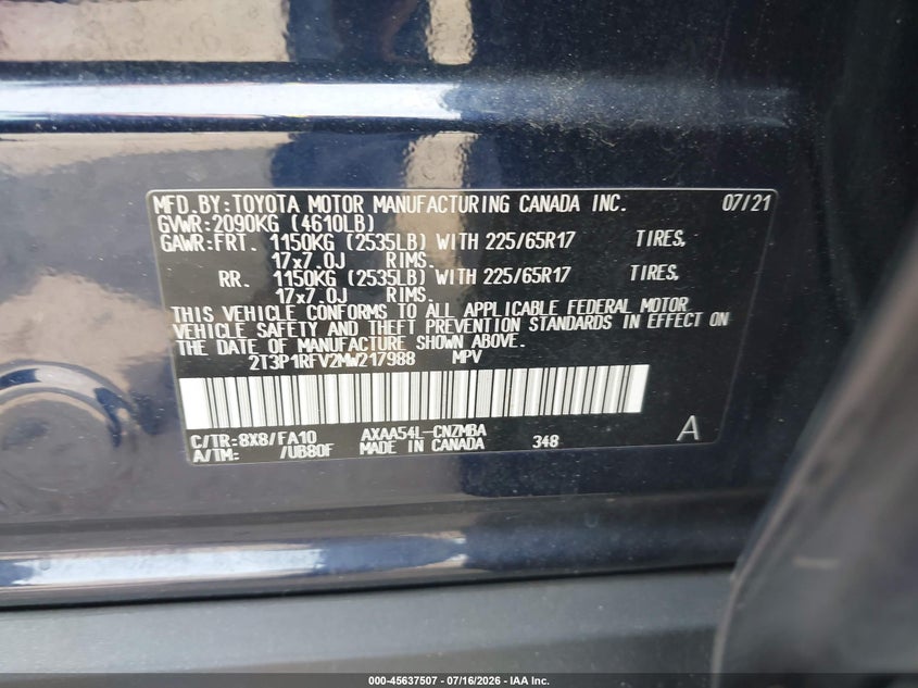 2021 Toyota Rav 4 VIN 2T3P1RFV2MW217988 IAAI salvage auction — REAR END, Salvage (Virginia), sold $10,800 on 2026-07-31 (photo 9)