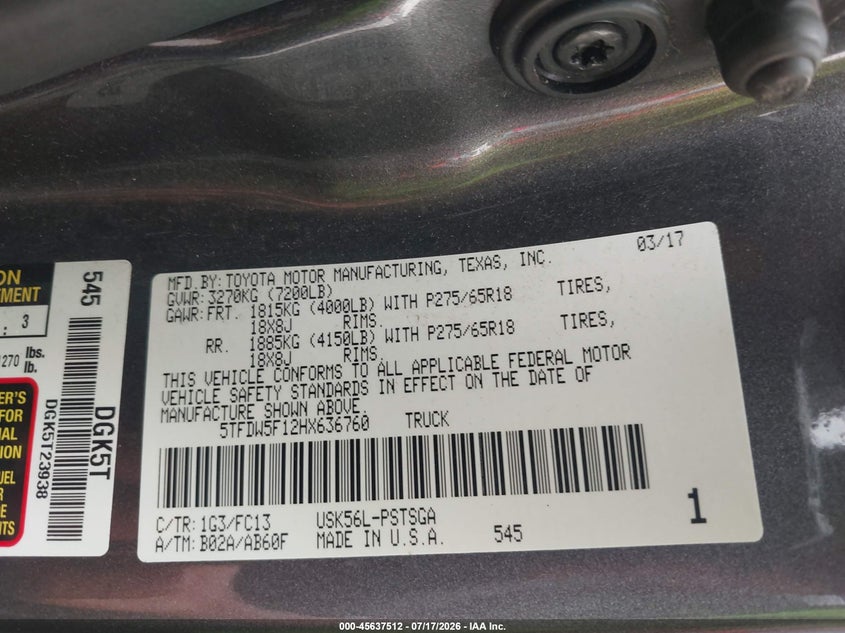 2017 Toyota Tundra VIN 5TFDW5F12HX636760 IAAI salvage auction — FRONT END, Salvage (Ohio), sold $7,100 on 2026-07-28 (photo 9)
