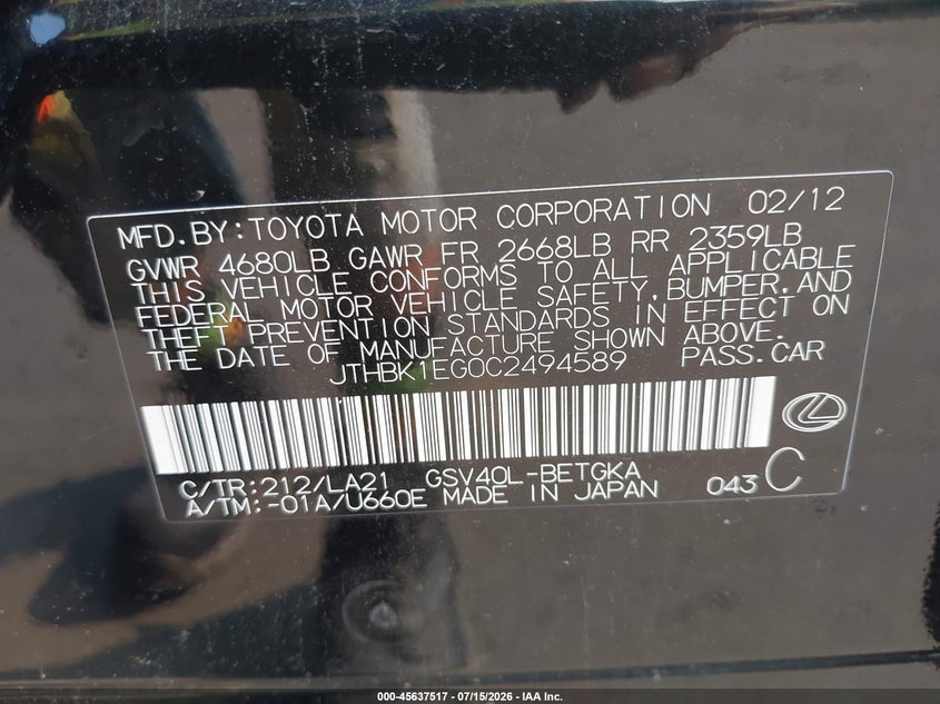 2012 Lexus Es 350 VIN JTHBK1EG0C2494589 IAAI salvage auction — NORMAL WEAR, Clear (Connecticut), sold $1,375 on 2026-07-30 (photo 9)