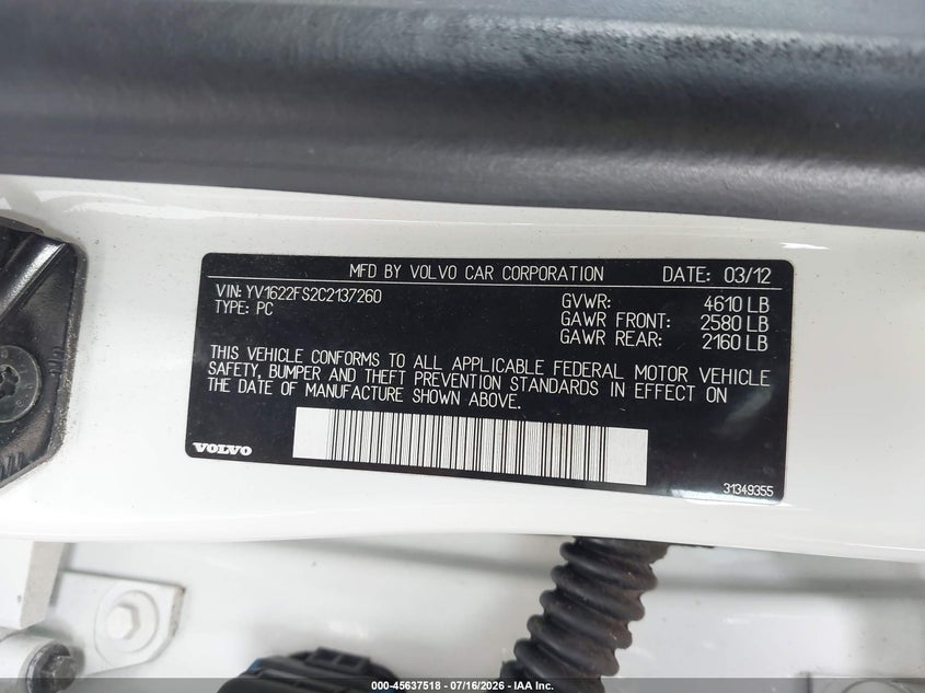 2012 Volvo S60 VIN YV1622FS2C2137260 IAAI salvage auction — FRONT END, Salvage Title, sold $775 on 2026-08-12 (photo 9)