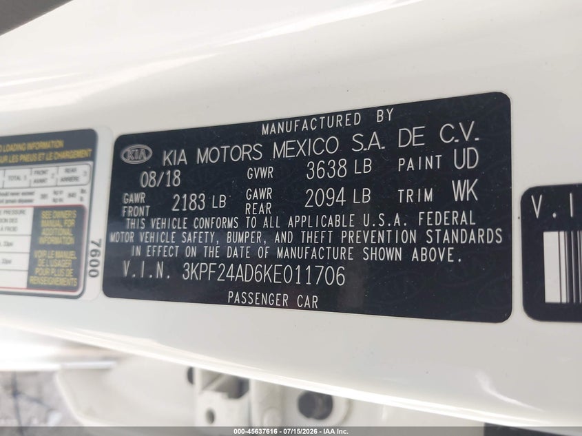 2019 Kia Forte VIN 3KPF24AD6KE011706 IAAI salvage auction — NORMAL WEAR, Rebuilt (Indiana), sold $1,500 on 2026-07-17 (photo 9)