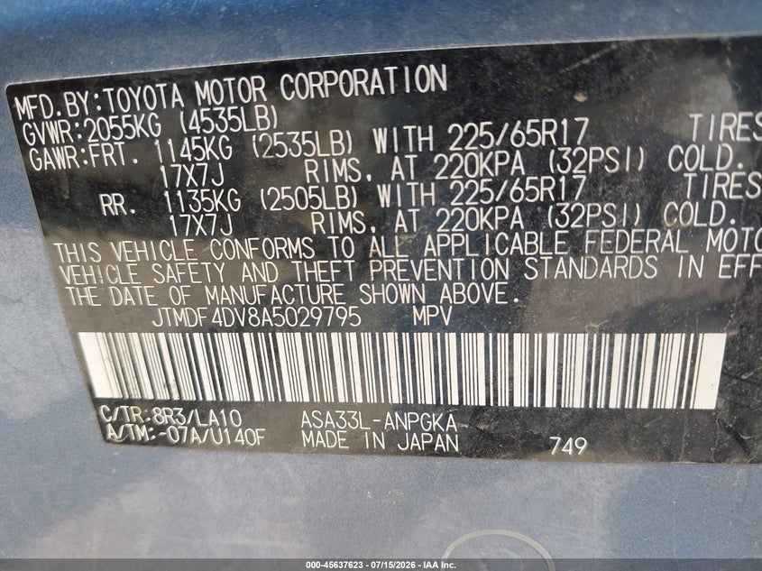 2010 Toyota Rav4 VIN JTMDF4DV8A5029795 IAAI salvage auction — NORMAL WEAR, Original (Maine), sold $2,250 on 2026-07-20 (photo 9)