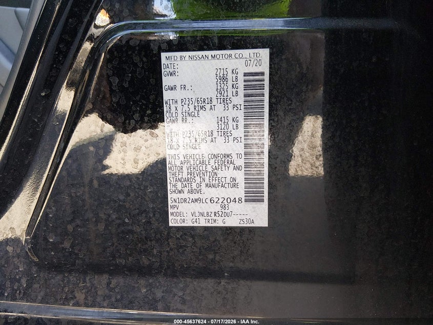 2020 Nissan Pathfinder VIN 5N1DR2AM9LC622048 IAAI salvage auction — FRONT END, Sf97 (New York), sold $10,100 on 2026-08-20 (photo 9)