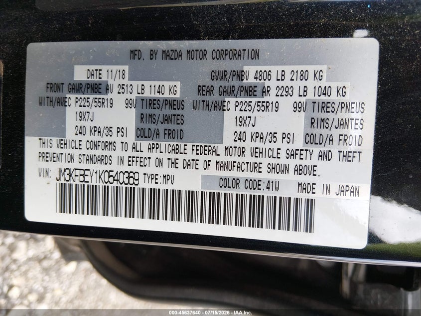 2019 Mazda Cx-5 VIN JM3KFBEY1K0540369 IAAI salvage auction — MECHANICAL, Original (Texas), sold $325 on 2026-07-23 (photo 9)