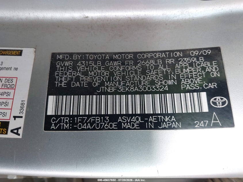 2010 Toyota Camry VIN JTNBF3EK8A3003324 IAAI salvage auction — REAR END, Salvage (California), sold $700 on 2026-07-28 (photo 9)