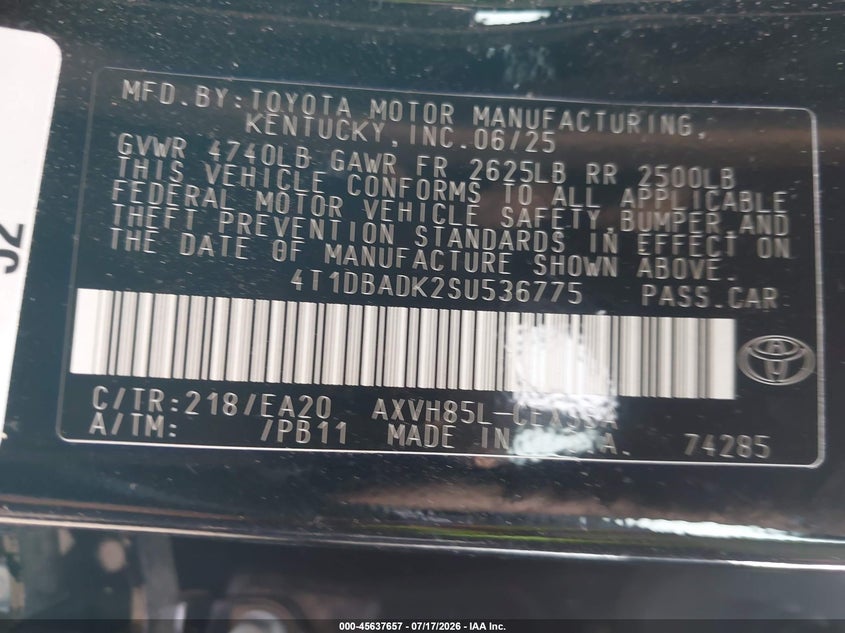 2025 Toyota Camry VIN 4T1DBADK2SU536775 IAAI salvage auction — FRONT & REAR, Salvage - Greater Than 75% (Maryland), sold $7,700 on 2026-08-01 (photo 9)