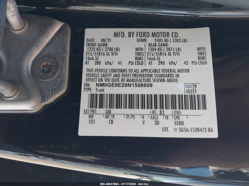 2022 Ford Transit connect VIN NM0GE9E29N1508609 IAAI salvage auction — NORMAL WEAR, Sf97 (New York), sold $13,000 on 2026-08-20 (photo 9)