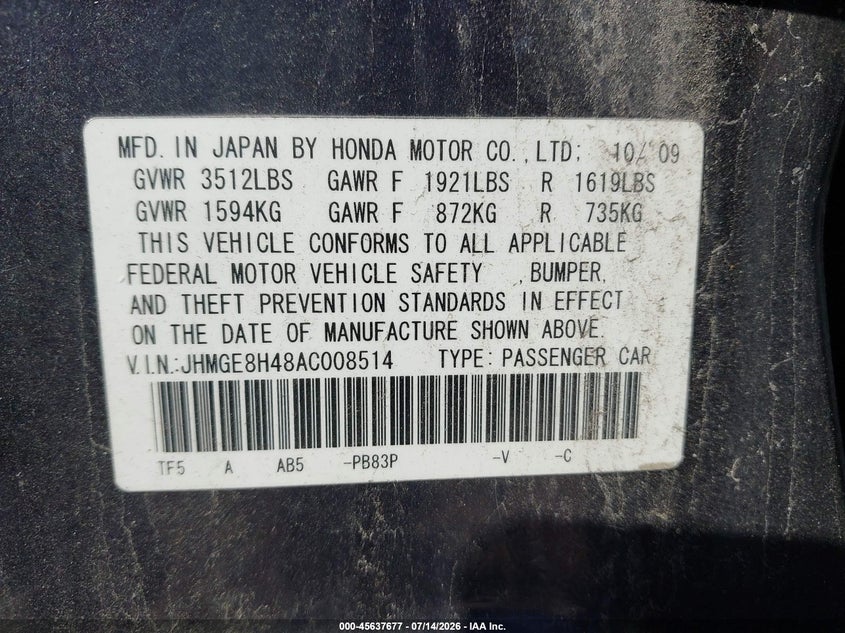 2010 Honda Fit VIN JHMGE8H48AC008514 IAAI salvage auction — NORMAL WEAR, Clear (Illinois), sold $25 on 2026-07-22 (photo 9)