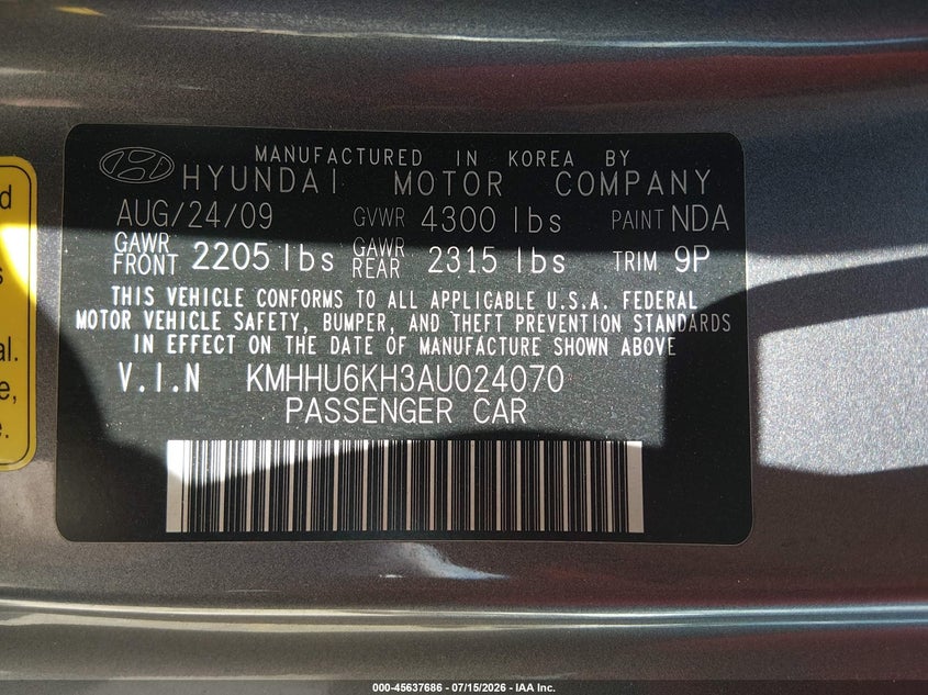 2010 Hyundai Genesis VIN KMHHU6KH3AU024070 IAAI salvage auction — NORMAL WEAR, Clear (Missouri), sold $25 on 2026-07-28 (photo 9)