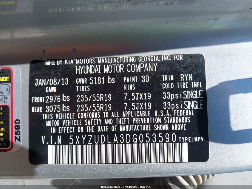 2013 Hyundai Santa fe VIN 5XYZUDLA3DG053590 IAAI salvage auction — NORMAL WEAR, Salvage Title, sold $550 on 2026-07-29 (photo 9)