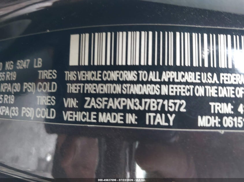 2018 Alfa romeo Stelvio VIN ZASFAKPN3J7B71572 IAAI salvage auction — FRONT END, Clear (Virginia), sold $3,700 on 2026-08-17 (photo 9)