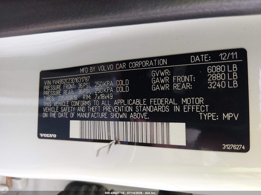 2013 Volvo Xc90 VIN YV4952CZ3D1631787 IAAI salvage auction — UNKNOWN, Salvage Title, sold $225 on 2026-07-22 (photo 9)
