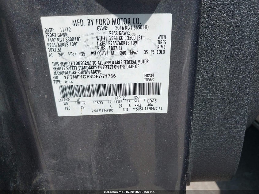 2013 Ford F-150 VIN 1FTMF1CF3DFA71766 IAAI salvage auction — FRONT END, Salvage Title, sold $2,300 on 2026-07-31 (photo 9)
