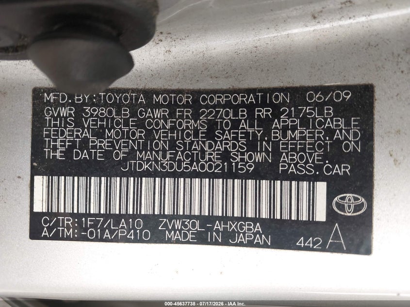 2010 Toyota Prius VIN JTDKN3DU5A0021159 IAAI salvage auction — LEFT FRONT, Salvage - Greater Than 75% (Maryland), sold $1,150 on 2026-08-01 (photo 9)