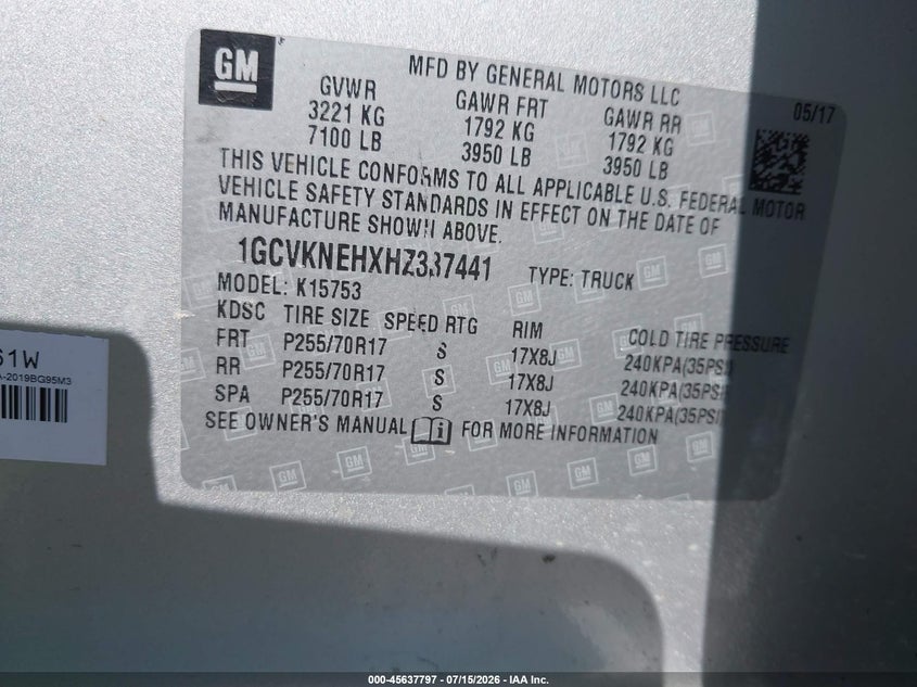 2017 Chevrolet Silverado 1500 VIN 1GCVKNEHXHZ337441 IAAI salvage auction — NORMAL WEAR, Sf97 (Washington), sold $25 on 2026-07-29 (photo 9)