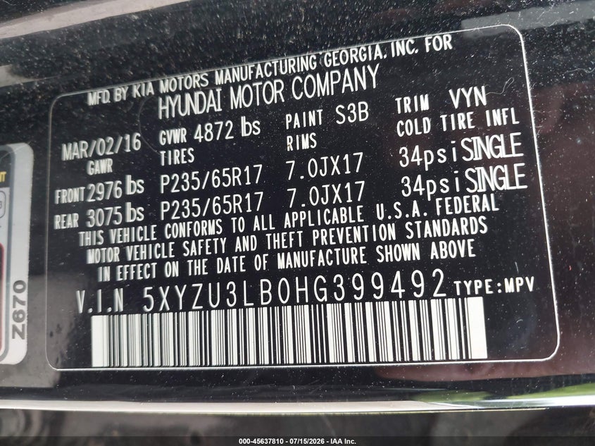 2017 Hyundai Santa fe VIN 5XYZU3LB0HG399492 IAAI salvage auction — NORMAL WEAR, Clear (Massachusetts), sold $2,250 on 2026-07-31 (photo 9)