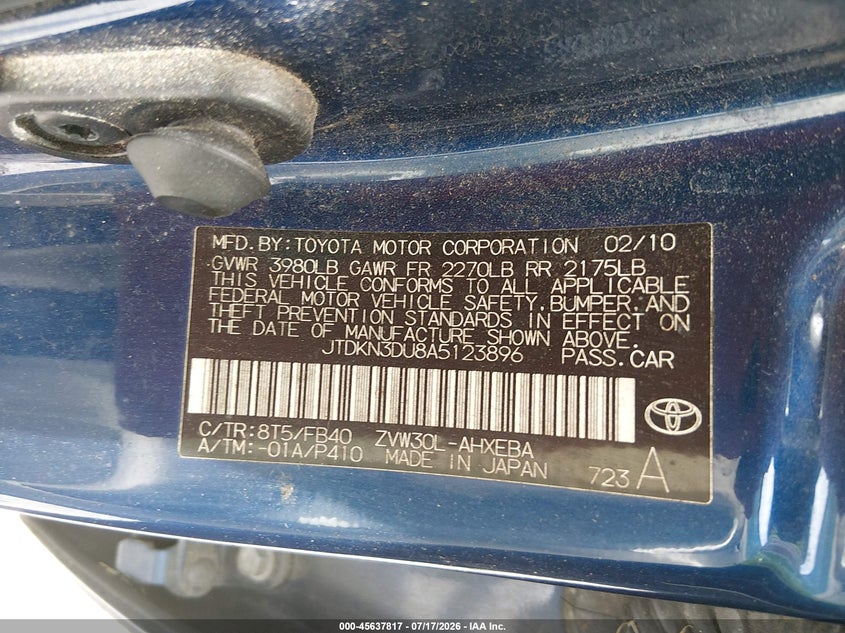 2010 Toyota Prius VIN JTDKN3DU8A5123896 IAAI salvage auction — NORMAL WEAR, Clear (Tennessee), sold $650 on 2026-07-30 (photo 9)