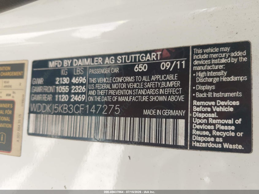 2012 Mercedes-benz E-klasse VIN WDDKJ5KB3CF147275 IAAI salvage auction — NORMAL WEAR, Clear (Florida), sold $550 on 2026-07-30 (photo 9)