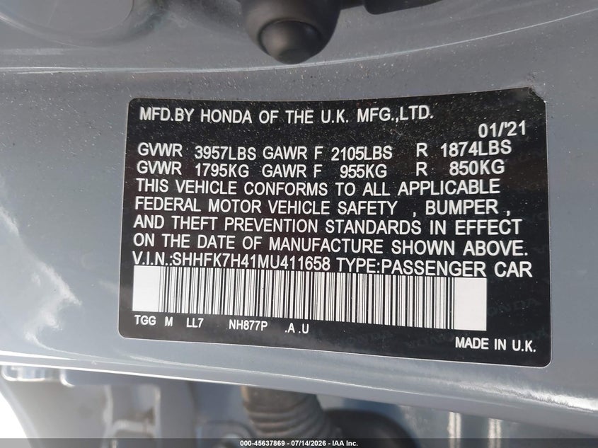 2021 Honda Civic VIN SHHFK7H41MU411658 IAAI salvage auction — REAR END, Wait Title, sold $4,850 on 2026-08-01 (photo 9)