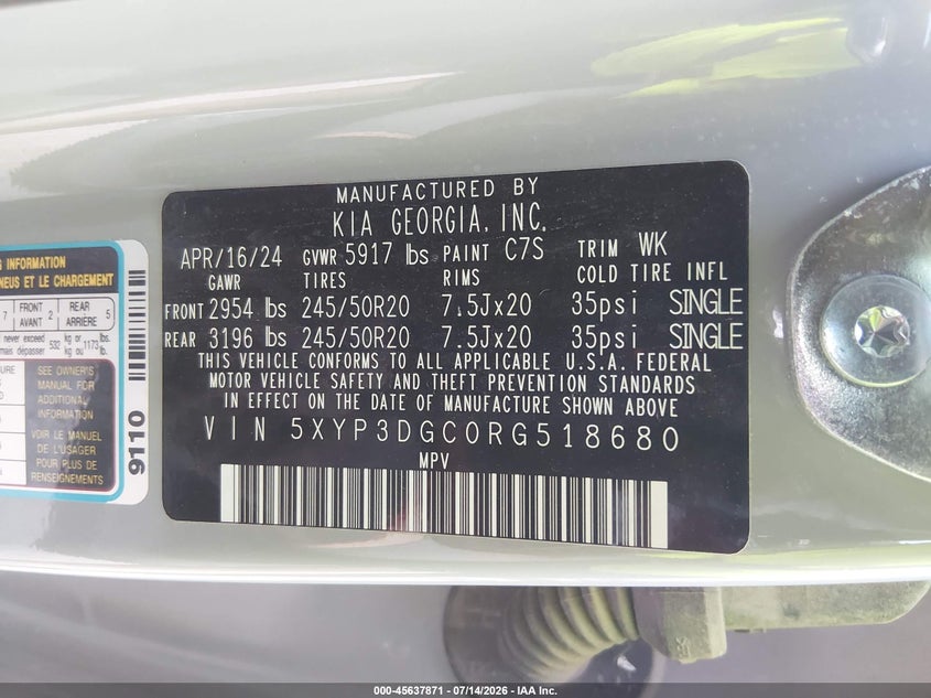 2024 Kia Telluride VIN 5XYP3DGC0RG518680 IAAI salvage auction — FRONT END, Salvage (California), sold $11,100 on 2026-07-17 (photo 9)