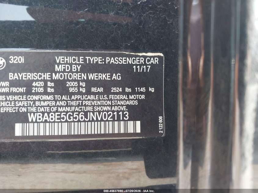 2018 BMW 3er VIN WBA8E5G56JNV02113 IAAI salvage auction — FRONT END, Salvage (Ohio), sold $2,850 on 2026-08-07 (photo 9)