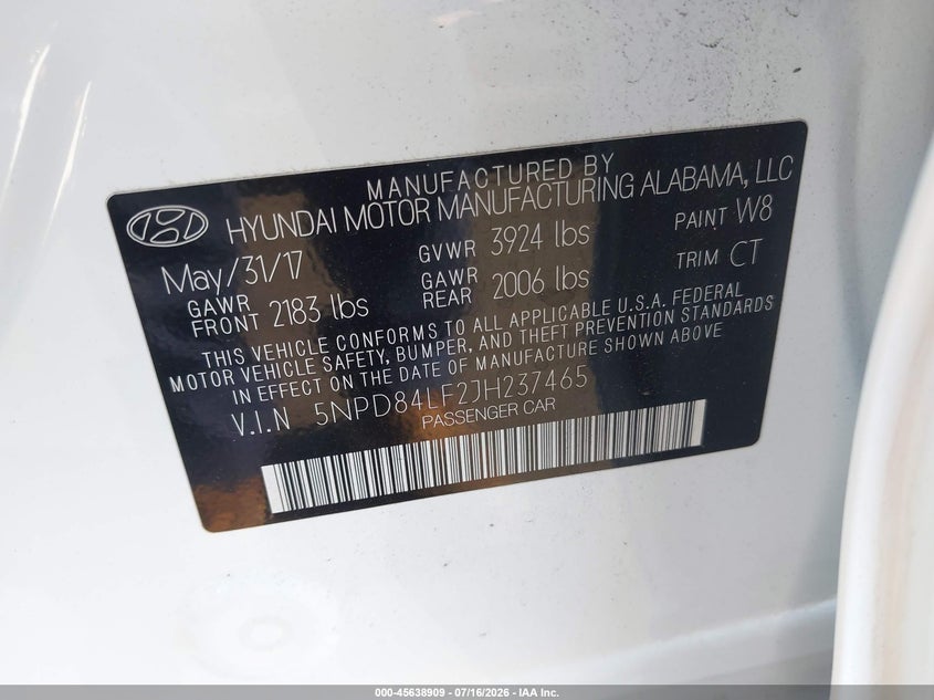 2018 Hyundai Elantra VIN 5NPD84LF2JH237465 IAAI salvage auction — FRONT END, Salvage Title, sold $1,100 on 2026-07-31 (photo 9)