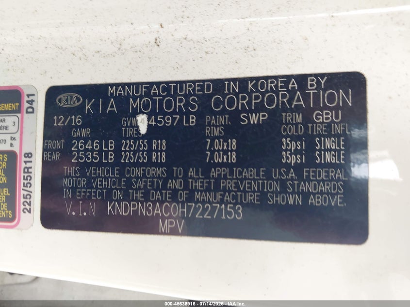 2017 Kia Sportage VIN KNDPN3AC0H7227153 IAAI salvage auction — ENGINE DAMAGE, Salvage Title, sold $2,450 on 2026-07-17 (photo 9)