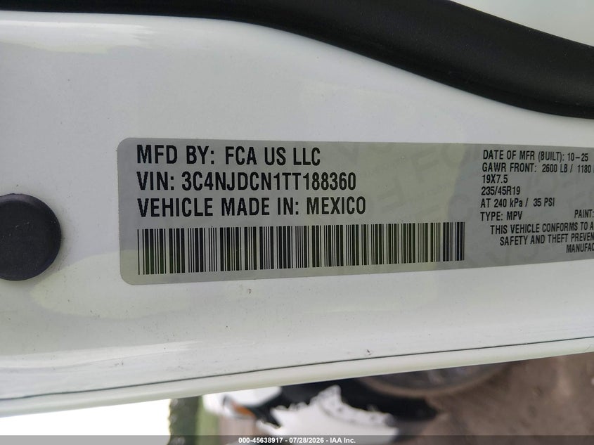 2026 Jeep Compass VIN 3C4NJDCN1TT188360 IAAI salvage auction — FRONT END, Clear (Colorado), sold $9,000 on 2026-07-30 (photo 9)