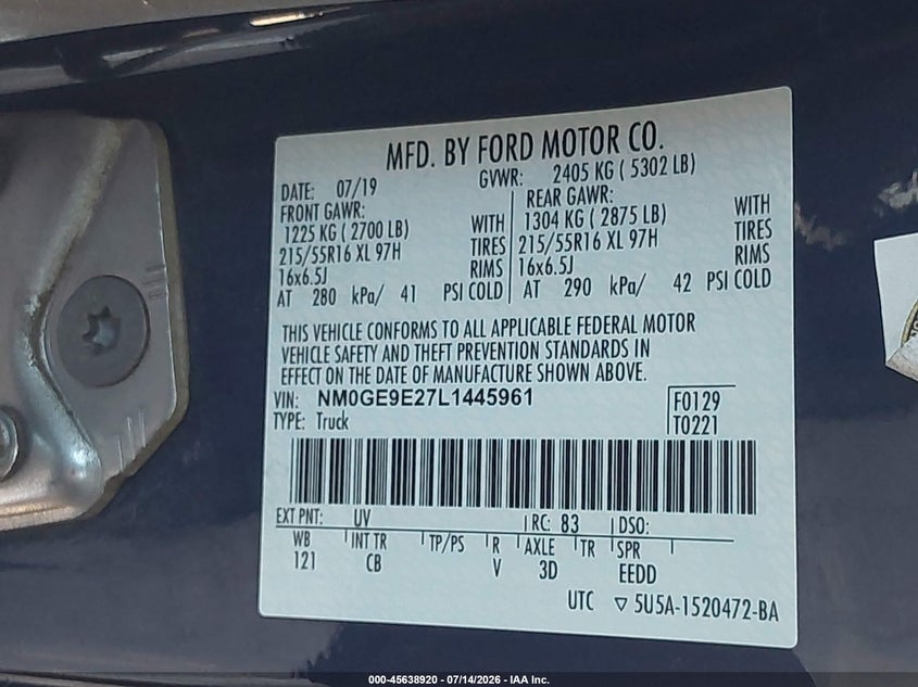 2020 Ford Transit connect VIN NM0GE9E27L1445961 IAAI salvage auction — REAR END, SF97 (California), sold $11,400 on 2026-08-27 (photo 9)