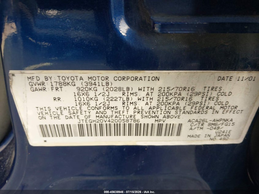 2002 Toyota Rav4 VIN JTEGH20V420058786 IAAI salvage auction — NORMAL WEAR, Clear - Dealer Only (California), sold $275 on 2026-07-23 (photo 9)