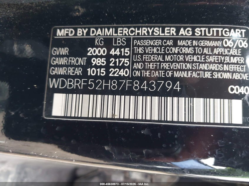 2007 Mercedes-benz C class VIN WDBRF52H87F843794 IAAI salvage auction — NORMAL WEAR, Original (Texas), sold $350 on 2026-07-30 (photo 9)