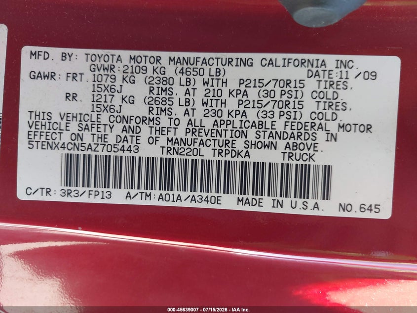 2010 Toyota Tacoma VIN 5TENX4CN5AZ705443 IAAI salvage auction — RIGHT FRONT, Salvage (California), sold $225 on 2026-07-29 (photo 9)