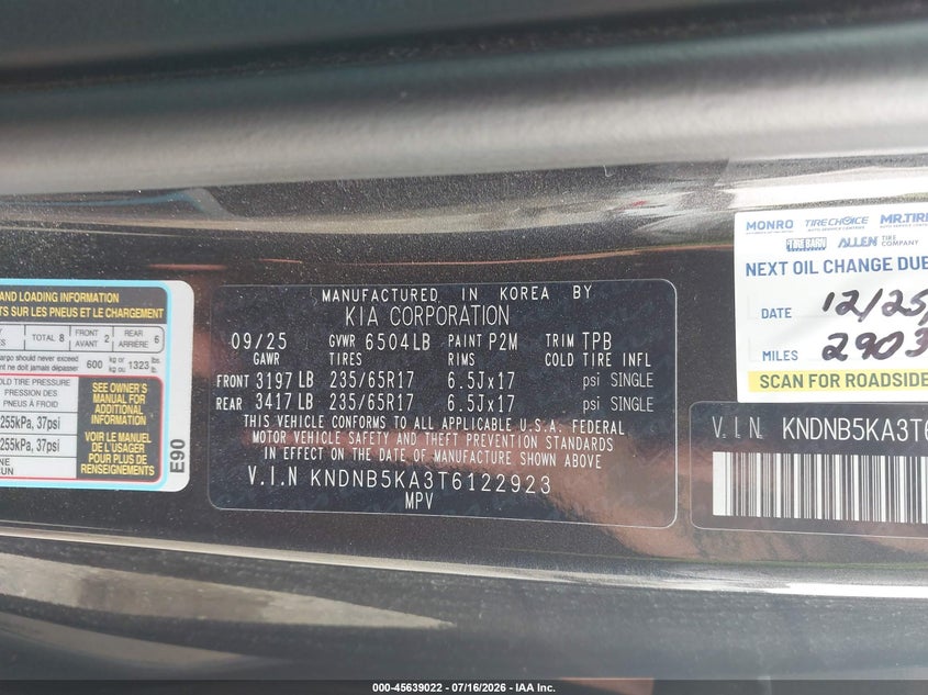 2026 Kia Carnival VIN KNDNB5KA3T6122923 IAAI salvage auction — FRONT END, Clear (Georgia), sold $19,350 on 2026-07-30 (photo 9)