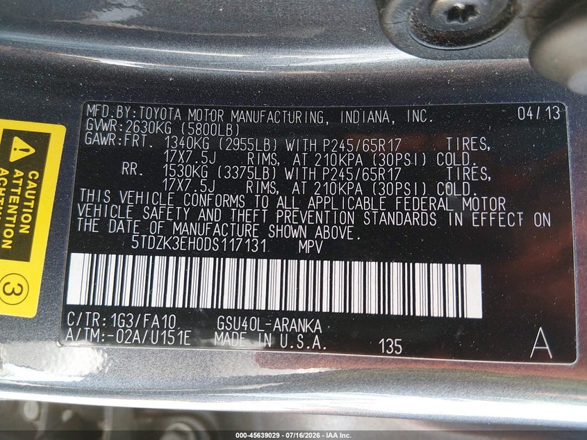 2013 Toyota Highlander VIN 5TDZK3EH0DS117131 IAAI salvage auction — SIDE, Salvage (California), sold $2,600 on 2026-07-27 (photo 9)
