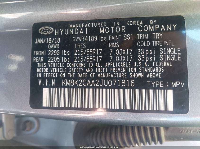 2018 Hyundai Kona VIN KM8K2CAA2JU071816 IAAI salvage auction — NORMAL WEAR, Clear (North Carolina), sold $2,550 on 2026-07-29 (photo 9)