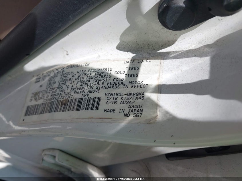 2002 Toyota 4runner VIN JT3GN86R420227347 IAAI salvage auction — FRONT END, Rebuildable (Florida), sold $925 on 2026-08-01 (photo 9)