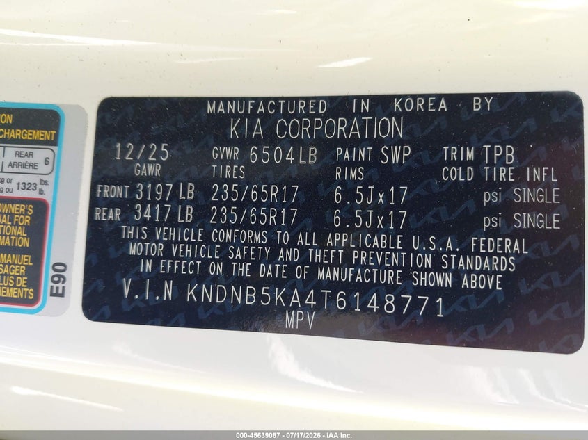 2026 Kia Carnival VIN KNDNB5KA4T6148771 IAAI salvage auction — LEFT SIDE, Clear (Virginia), sold $19,250 on 2026-07-30 (photo 9)