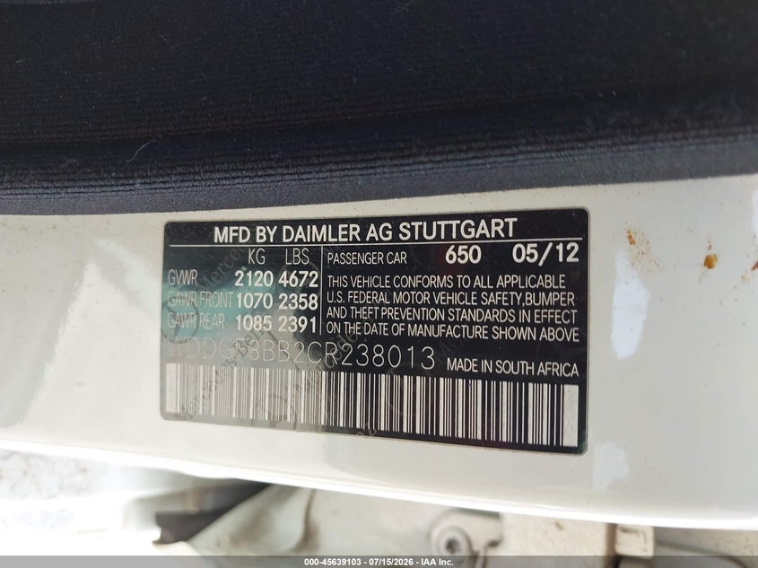 2012 Mercedes-benz C-klasse VIN WDDGF8BB2CR238013 IAAI salvage auction — NORMAL WEAR, Original (Texas), sold $1,175 on 2026-08-04 (photo 9)