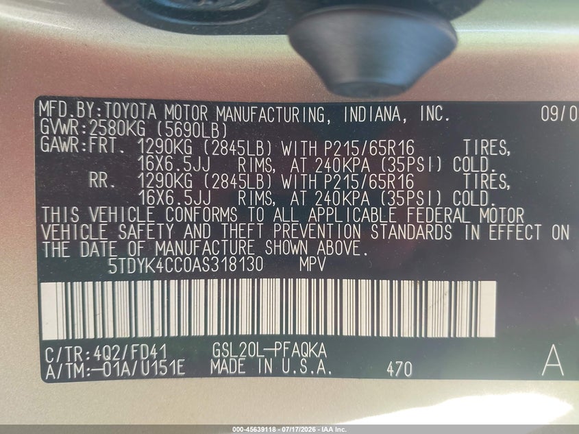 2010 Toyota Sienna VIN 5TDYK4CC0AS318130 IAAI salvage auction — NORMAL WEAR, Clear (Alabama), sold $775 on 2026-07-29 (photo 9)