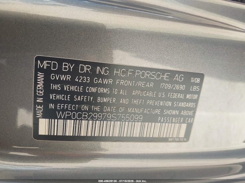 2009 Porsche 911 VIN WP0CB29979S755099 IAAI salvage auction — FRONT END, Salvage (Missouri), sold $14,700 on 2026-08-27 (photo 8)