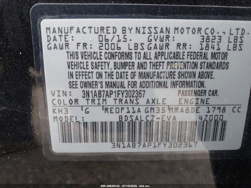 2015 Nissan Sentra VIN 3N1AB7AP1FY302367 IAAI salvage auction — TRANSMISSION, Original (Texas), sold $1,600 on 2026-08-02 (photo 9)