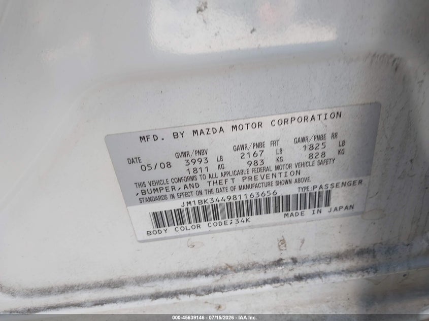 2008 Mazda 3 VIN JM1BK344981163656 IAAI salvage auction — UNKNOWN, Clear - Dealer Only (California), sold $675 on 2026-07-29 (photo 9)