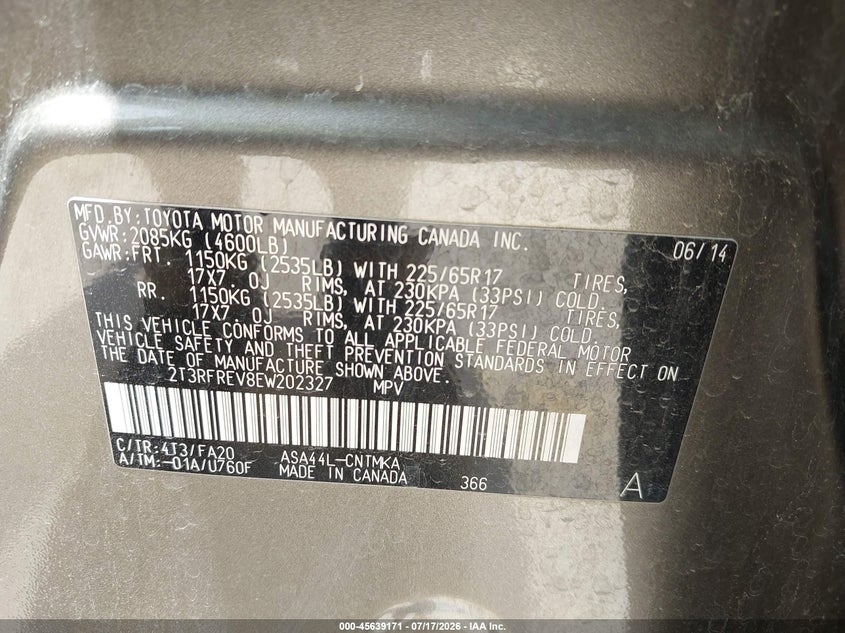 2014 Toyota Rav 4 VIN 2T3RFREV8EW202327 IAAI salvage auction — REAR END, Salvage Title, sold $8,950 on 2026-08-24 (photo 9)