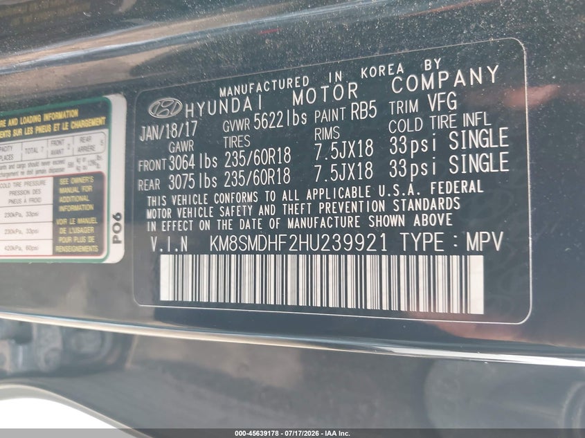 2017 Hyundai Santa fe VIN KM8SMDHF2HU239921 IAAI salvage auction — NORMAL WEAR, Original (Texas), sold $2,150 on 2026-07-29 (photo 9)