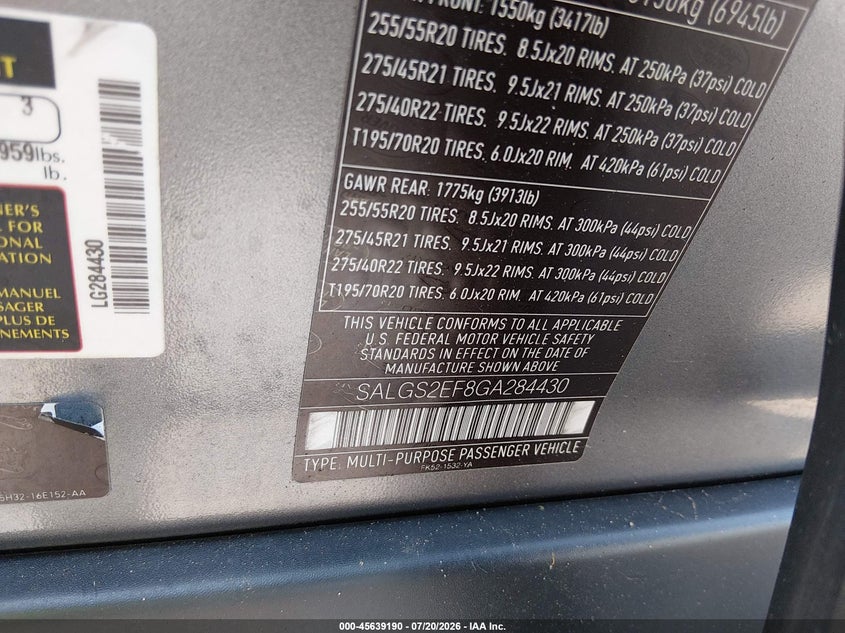 2016 Land rover RANGE ROVER VIN SALGS2EF8GA284430 IAAI salvage auction — RIGHT FRONT, Salvage (North Carolina), sold $3,850 on 2026-07-30 (photo 9)