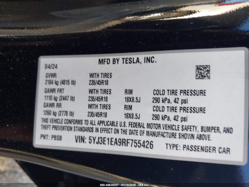 2024 Tesla Model 3 VIN 5YJ3E1EA9RF755426 IAAI salvage auction — LEFT FRONT, Salvage Title, sold $7,600 on 2026-09-07 (photo 9)