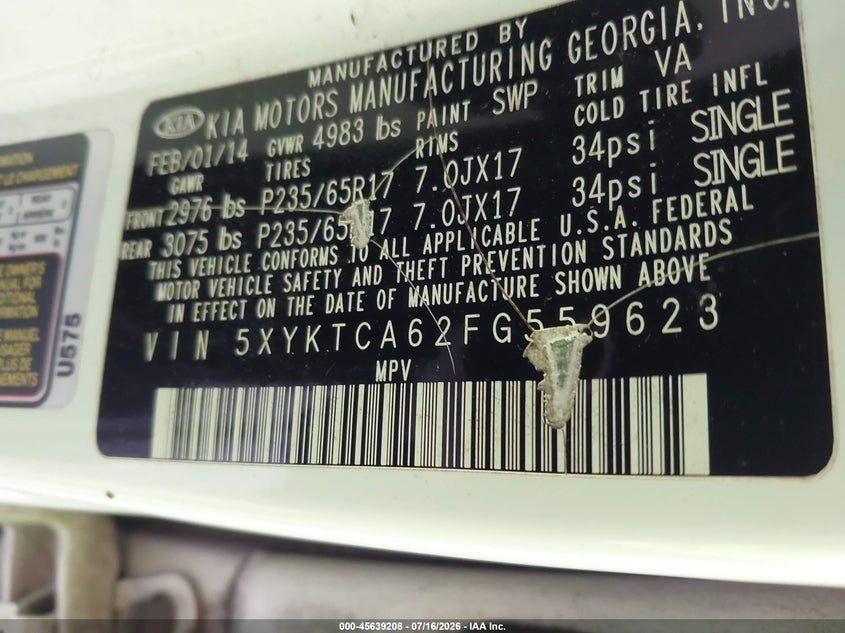 2015 Kia Sorento VIN 5XYKTCA62FG559623 IAAI salvage auction — NORMAL WEAR, Clear (Georgia), sold $1,775 on 2026-07-29 (photo 9)