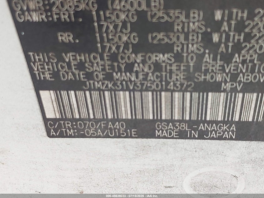 2007 Toyota Rav4 VIN JTMZK31V375014372 IAAI salvage auction — NORMAL WEAR, Original (Texas), sold $700 on 2026-07-24 (photo 9)