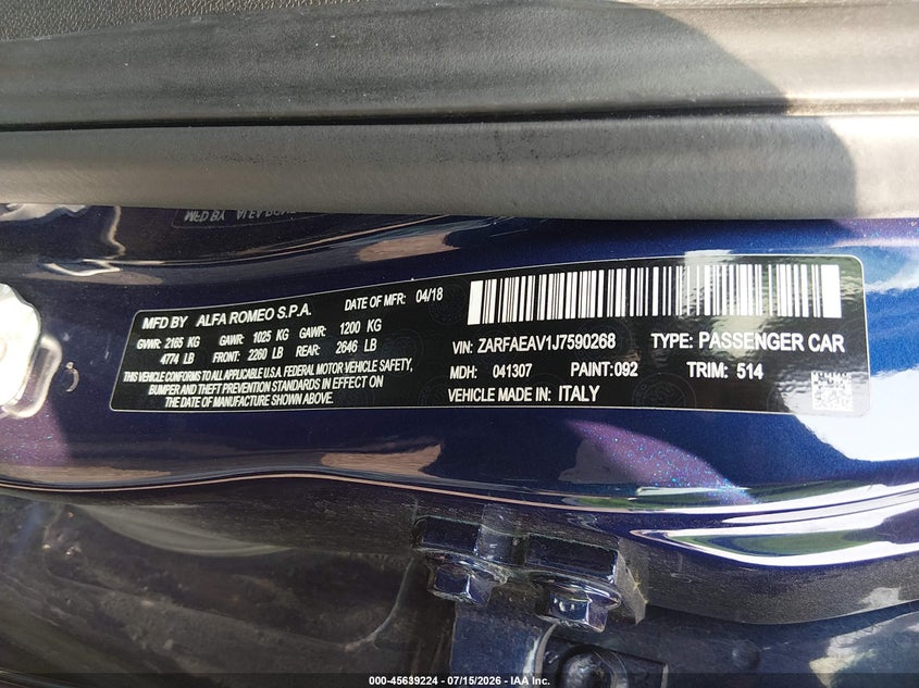 2018 Alfa romeo Giulia VIN ZARFAEAV1J7590268 IAAI salvage auction — FRONT END, Wait Title, sold $8,300 on 2026-08-09 (photo 9)